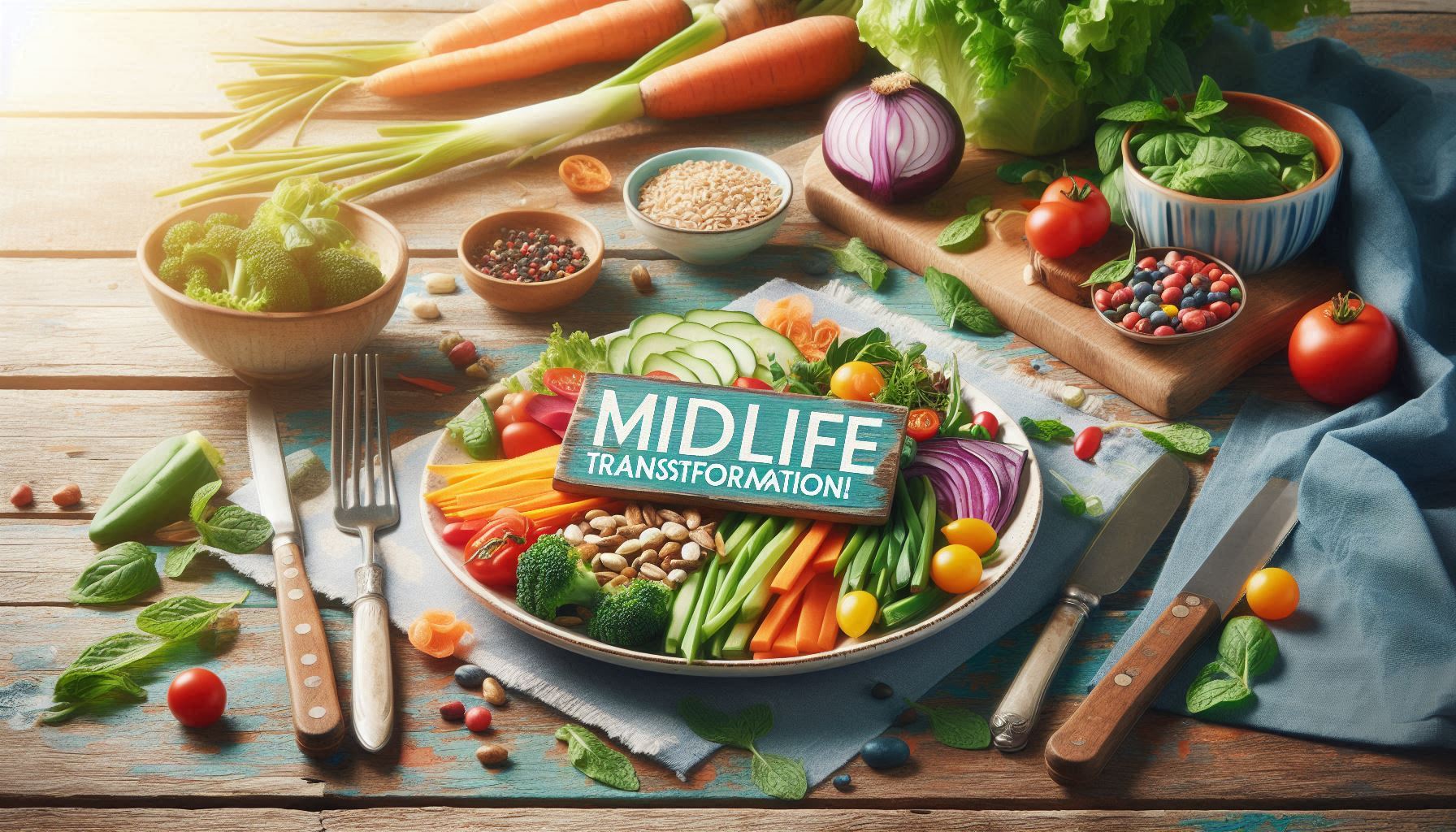 Midlife transformation sign in center surrounded by healthy bright colored foods