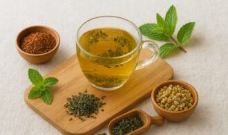 tea and herbs on a cutting board... very organic looking