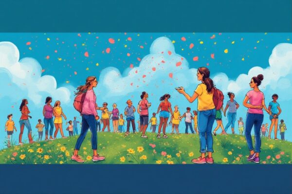 midlife women out in a field of flowers of all races