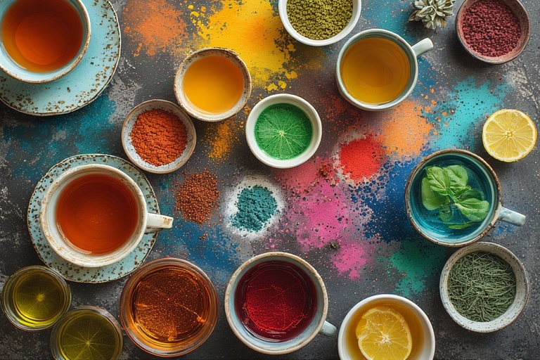 colorful cups of tea and assorted herbal drinks