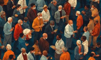 men in the Gen X age range in a large group socializing