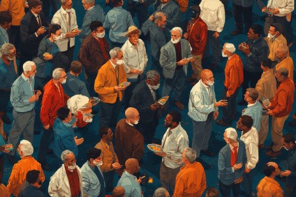 men in the Gen X age range in a large group socializing